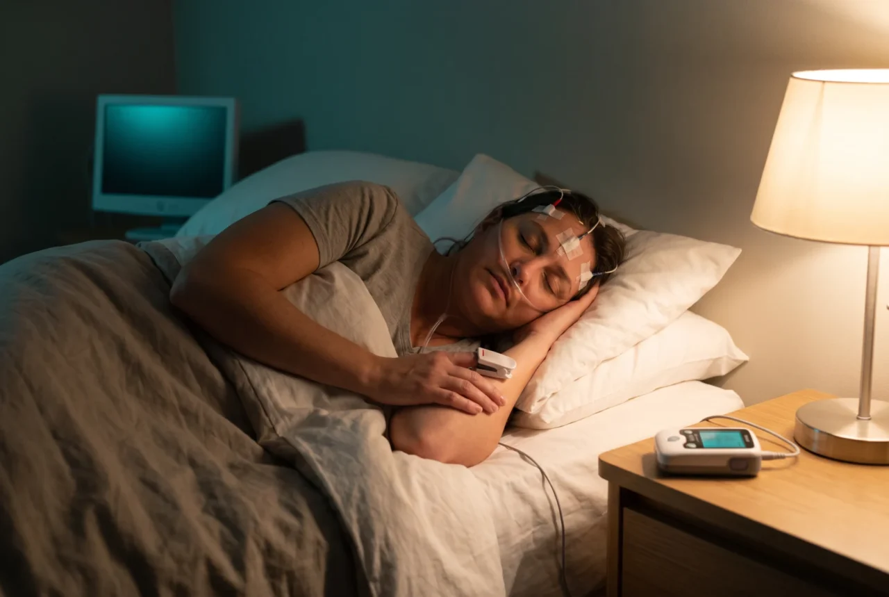 Paciente dormindo com sensores durante estudo do sono